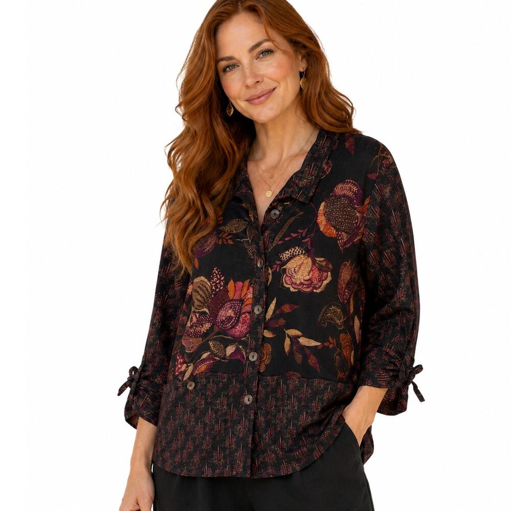 Parsley & Sage Mixed Print Top Womens Large Black Floral Button Lagenlook Dark